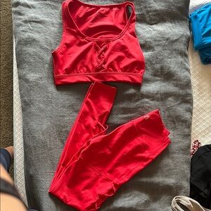 Women's Red Lace-Up Sports Bra and Leggings Set
